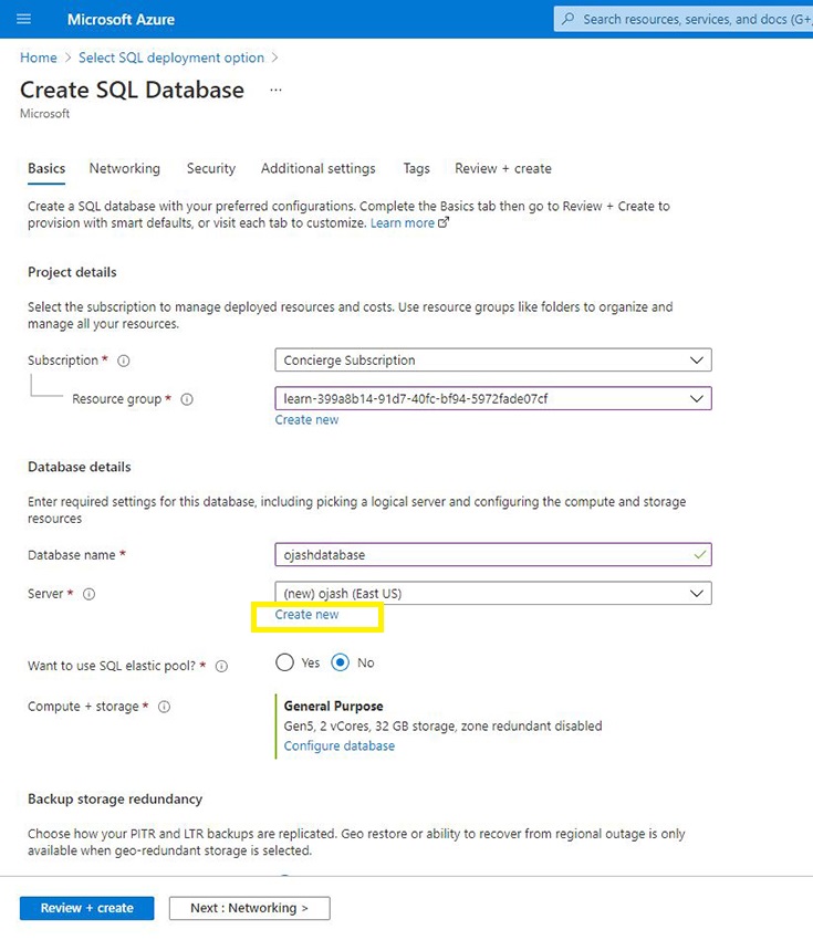 Create a Single Serverless Database in Azure